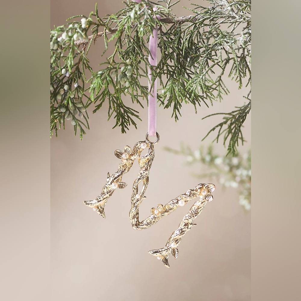Anthropologie Aurelia Gold Pearl Monogram Letter “M” Initial Ornament NWT